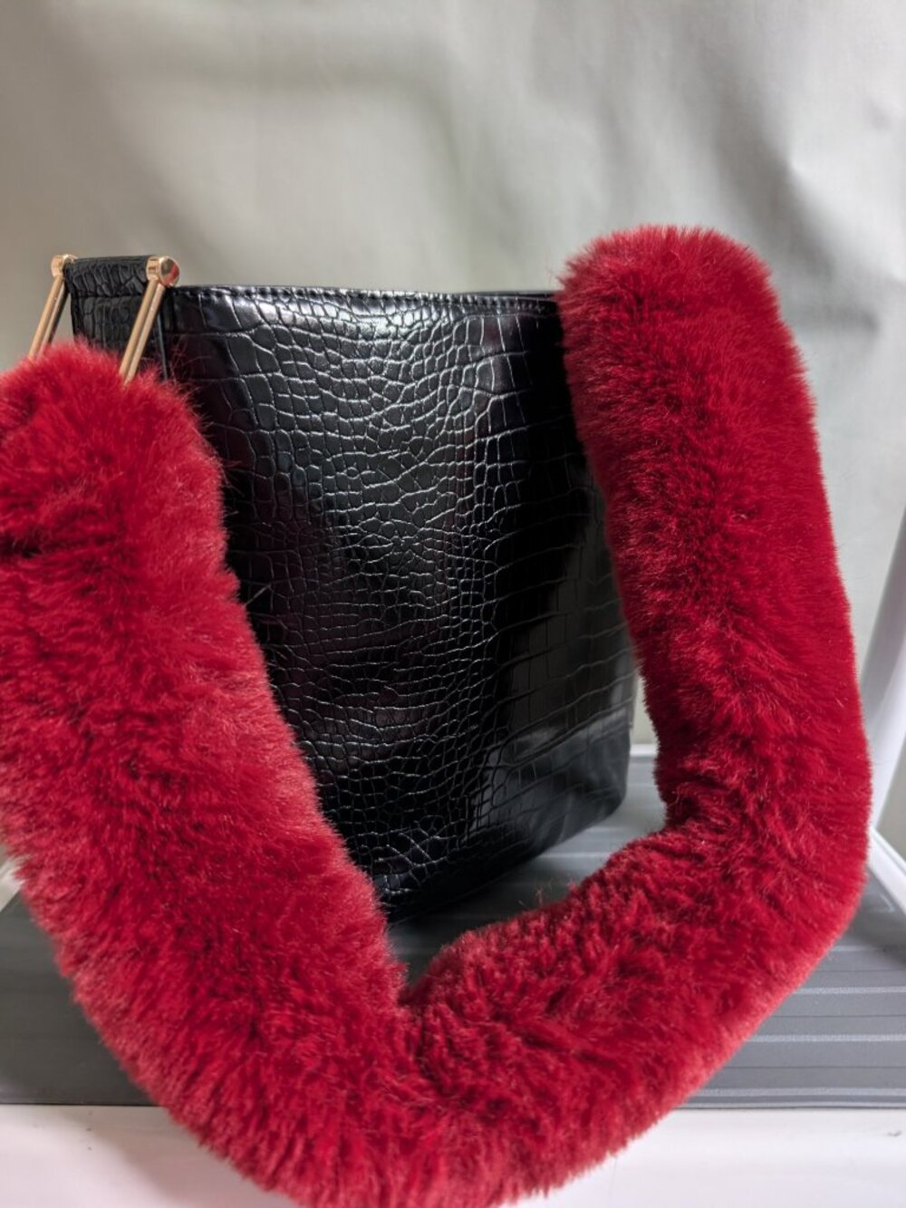 Black Croc-embossed Bucket Bag